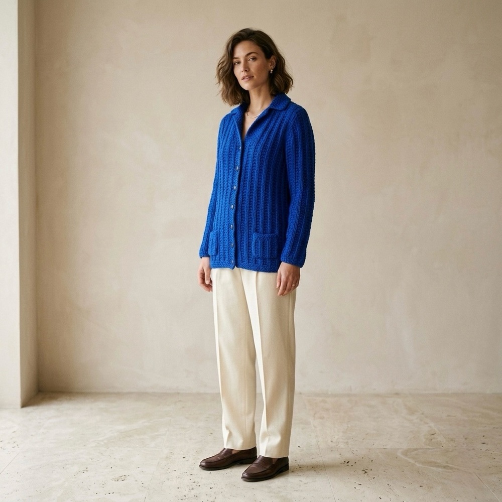 Handmade Colbalt Blue Chunky Knit Cardigan Sweater Women’s Size Small Royal